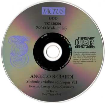 CD Angelo Berardi: Sinfonie A Violino Solo, Opus VII