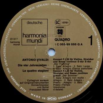 LP Antonio Vivaldi: Die Vier Jahreszeiten - Le Quattro Stagioni Op.8 Nr.1-4