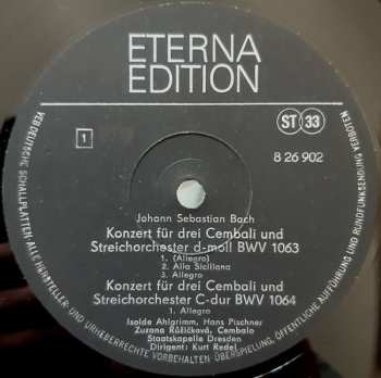LP Johann Sebastian Bach: Konzerte Für Drei Und Vier Cembali Und Streichorchester D-moll BWV 1063, C-dur BWV 1064, A-moll BWV 1065
