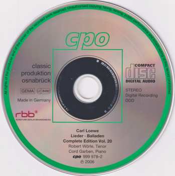 CD Carl Loewe: Lieder & Balladen - Complete Edition Vol. 20