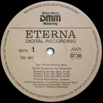 LP Carl Philipp Emanuel Bach: Streichersinfonien Wq 182 Nr.1-6