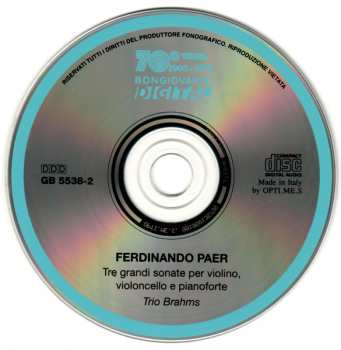 CD Ferdinando Paer: Tre Grandi Sonate Per Pianoforte, Violino E Violoncello
