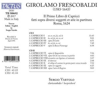 2CD Girolamo Frescobaldi: Il Primo Libro di Capricco Roma 1624