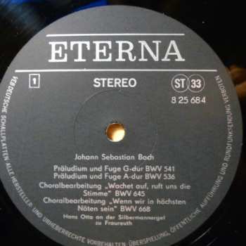 LP Johann Sebastian Bach: Bachs Orgelwerke Auf Silbermannorgeln 6: Hans Otto An Der Silbermannorgel Zu Fraureuth (01/74)