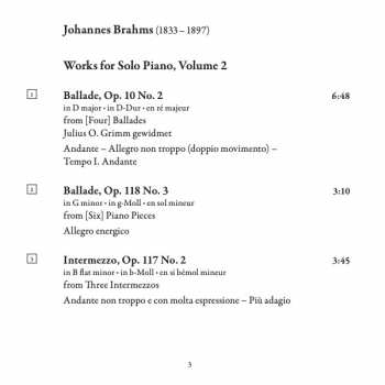 CD Johannes Brahms: Works For Solo Piano, Volume 2