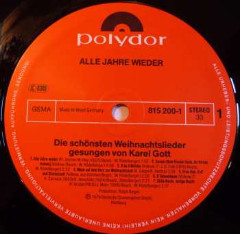 LP Karel Gott: Alle Jahre Wieder - Die Schönsten Weihnachtslieder Gesungen Von Karel Gott