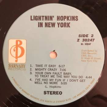 LP Lightnin' Hopkins: Lightnin Hopkins In New York