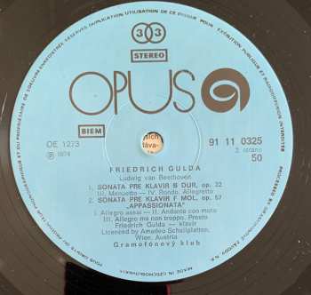 LP Ludwig van Beethoven: Sonate Nr. 14 Cis-moll Op. Op. 27,2, Sonate Nr. 11 B-dur Op. 22, Sonate Nr. 23 F-moll, Op. 57