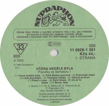 LP Various: Včera Neděle Byla (Písničky Ze Semaforu 1)